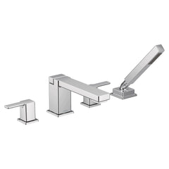 90 Degree Chrome two-handle high arc roman tub faucet includes hand shower
